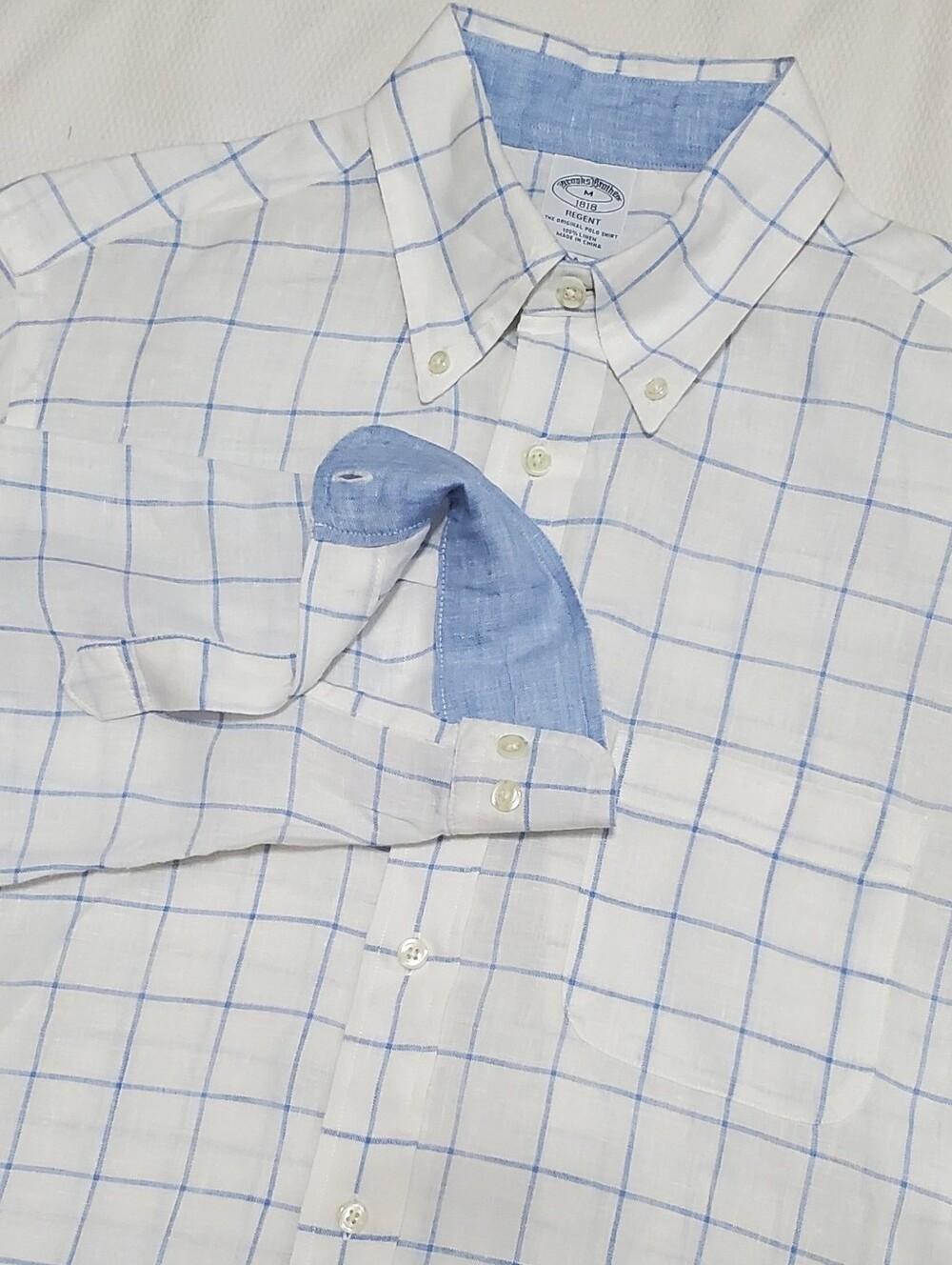 Brooks Brothers Linen Long Sleeve Button Down Shirt White Blue Grid Mens Medium